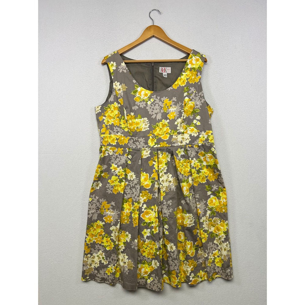 Floral Cottagecore R&K Original Womens 18 Gray Yellow Sleeveless Fit Flare Dress